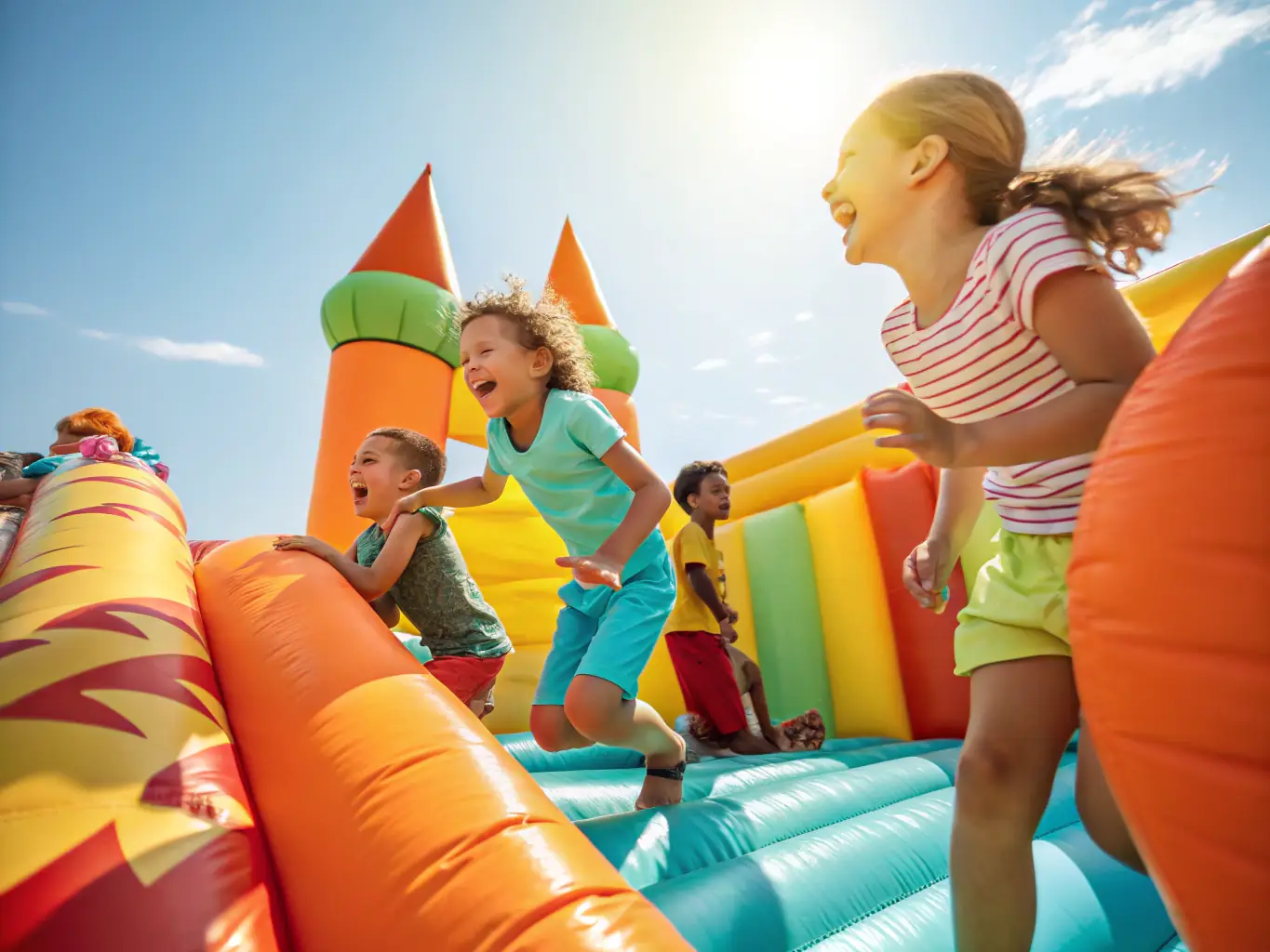 A vibrant image showcasing the Kids Zone at the Taste of Polonia Festival, with children playing on bounce inflatables and engaging in various games, capturing the fun and family-friendly atmosphere.